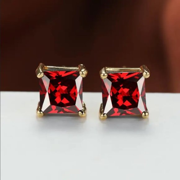 Mens 18K Gold 2ct Red Ruby Square Stud Earrings Princess Cut Studs Jewelry NEW - Picture 3 of 8